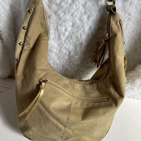 Lexi Bloom khaki faux suede and gold tone studs ajustable shoulder bag - Picture 8 of 12